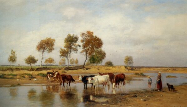 Коровы у лейки, 1895 год. Холст Юджина Жеттеля