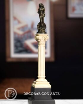 Goddess Aphrodite and column. Bronze patina and marble. 52 cm.