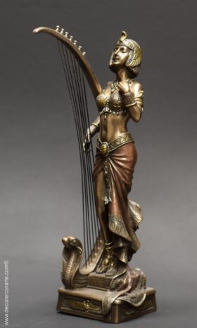 Escultura De Escultura Art Déco De Cleopatra Con Arpa Egipc 
